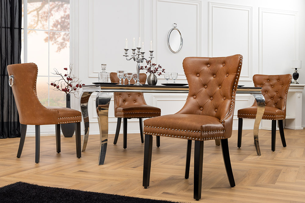 Chesterfield Stuhl CASTLE braun Kunstleder schwarz Massivholz mit Komfortgriff