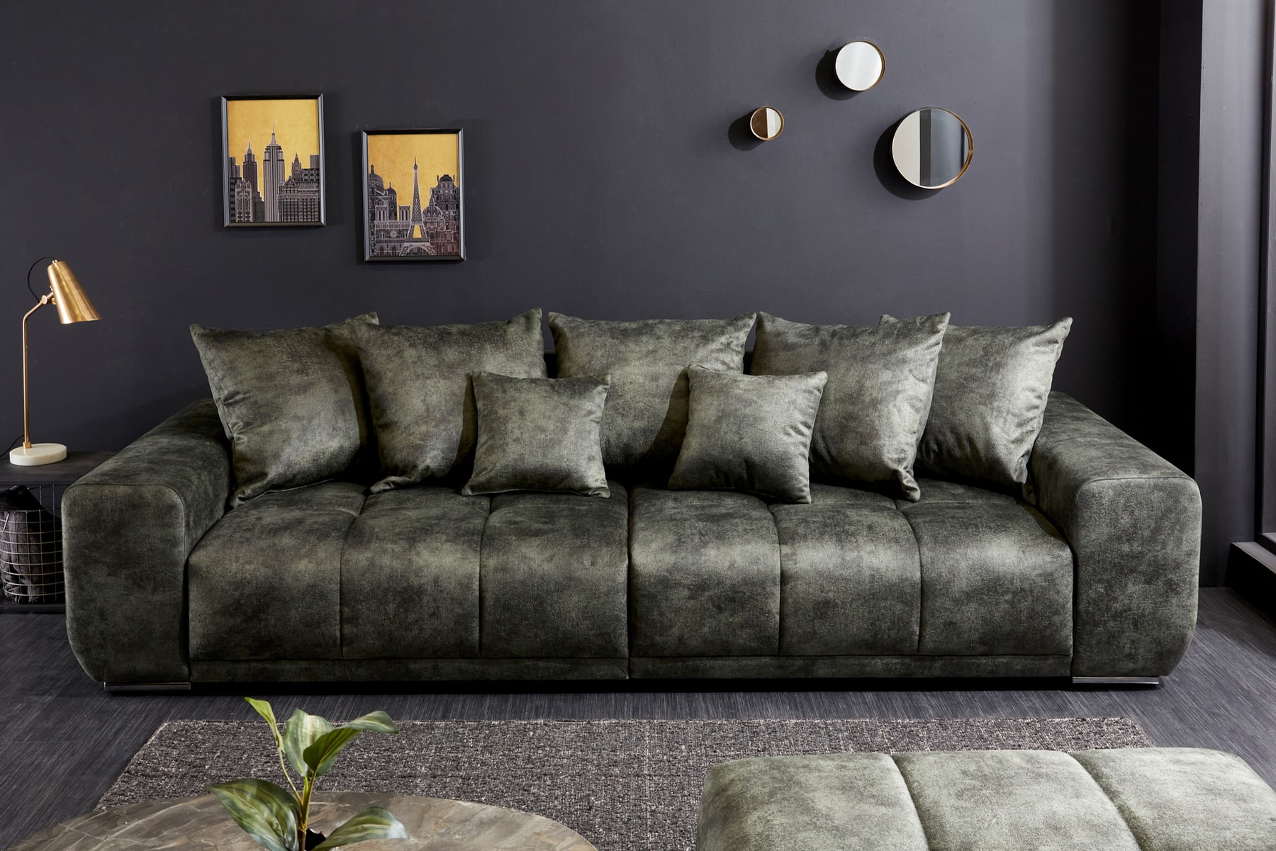 Big Sofa ELEGANCIA 285cm moosgrün Microfaser XXL Couch inkl. Kissen Federkern