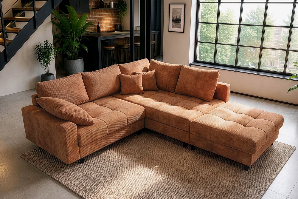 Modernes Ecksofa KENT 220cm rostbraun Chenille inkl. Hocker Federkern Wohnlandschaft