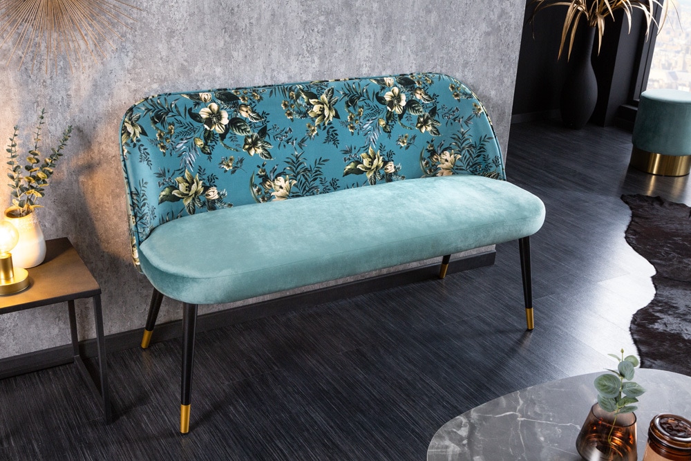 Design Bank PRÊT-À-PORTER türkis Samt florales Muster und goldene Fußkappen