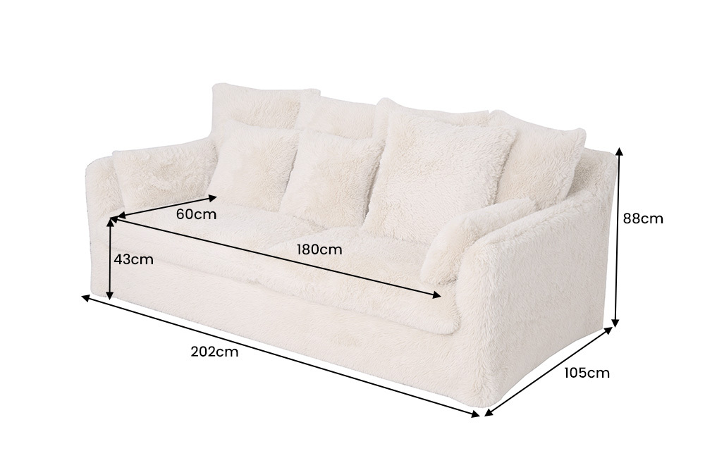 Großes 3-Sitzer Sofa YETI 200cm beige sand langfloriger Plüsch Shaggy-Stoff