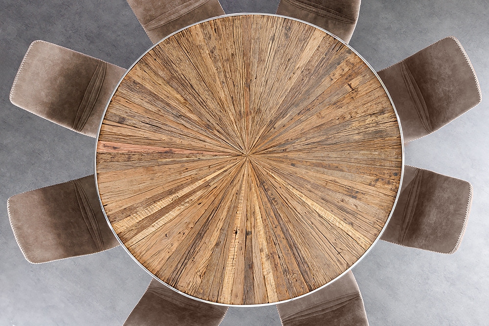 Runder Esstisch BARRACUDA 140cm braun Teak Massivholz Glas silber Edelstahl verchromt