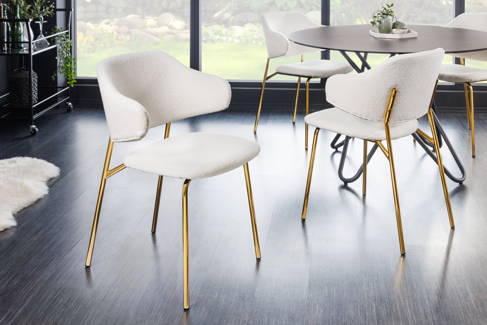 Design Stuhl VOGUE weiß Bouclé goldene Metallbeine