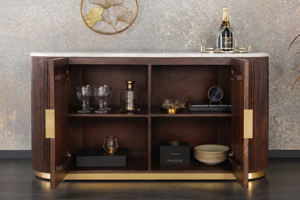 Massives Sideboard GATSBY 120cm braun Mangoholz gold Metall weiße Marmorplatte