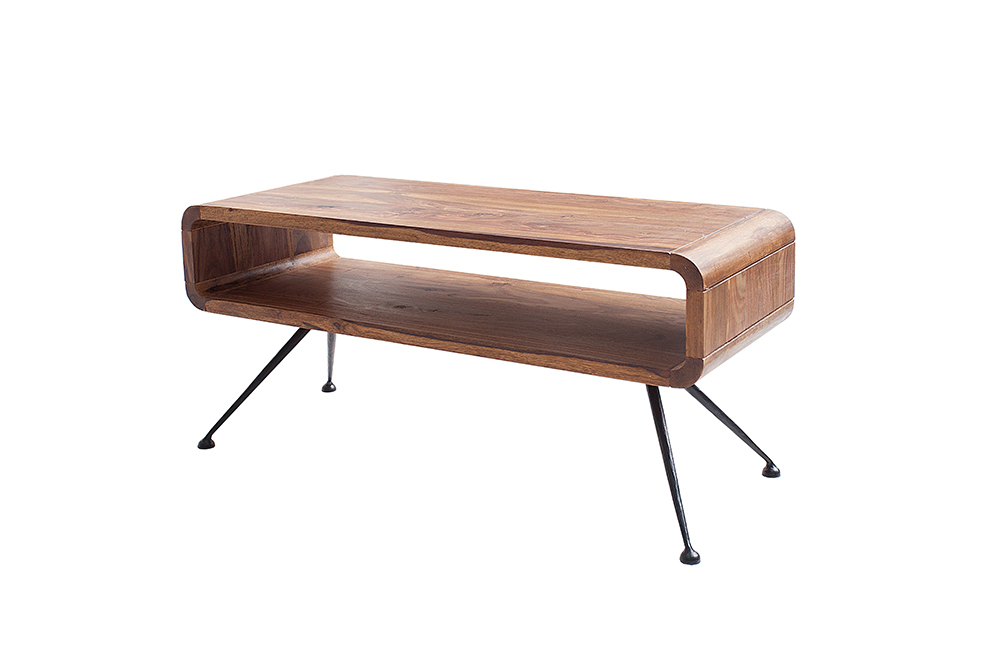 Retro Couchtisch ALPHA 100cm braun Sheesham Massivholz stone finish schwarze Metallbeine