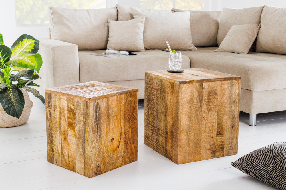 Massives 2er Set Beistelltisch CURACAO 45cm natur Mangoholz Würfel handmade Couchtisch