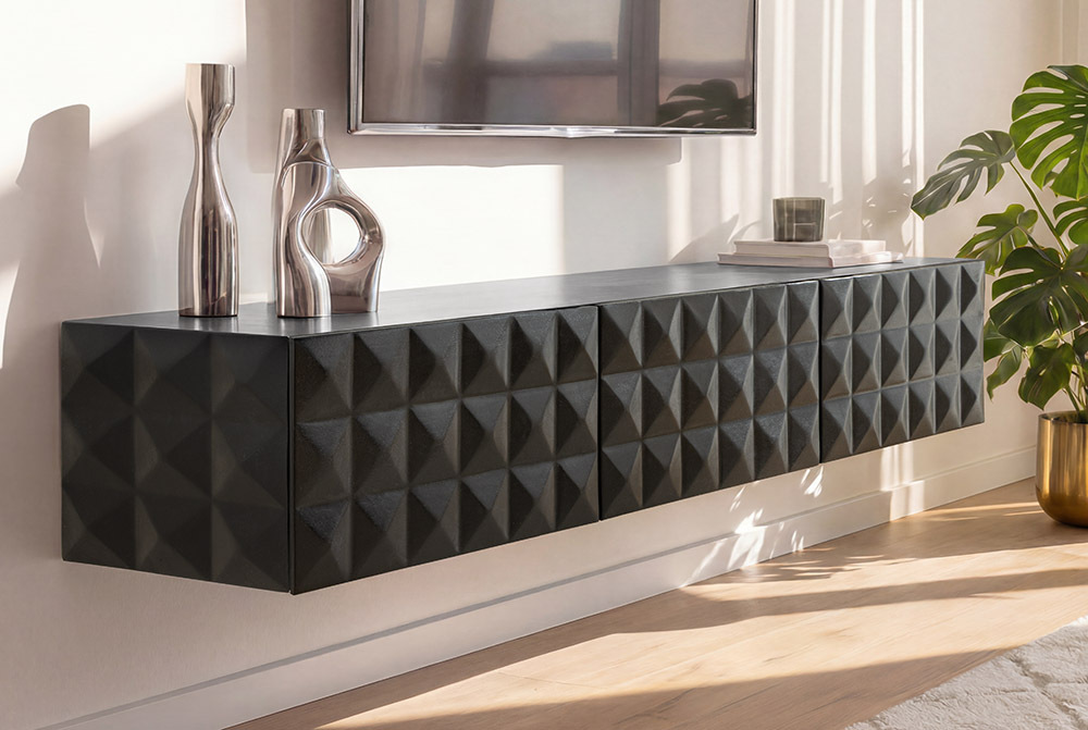 Hängendes TV-Lowboard VULCANO 160cm schwarz Mangoholz massiv
