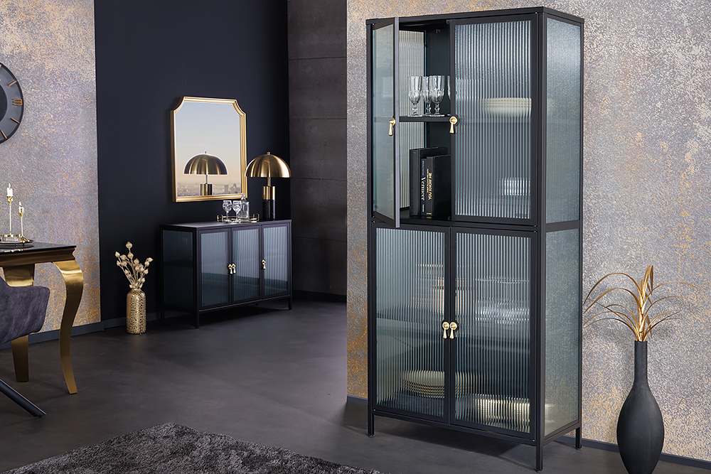 Moderne Vitrine AMSTERDAM 180cm schwarz gold Riffelglas Metall Highboard Schrank