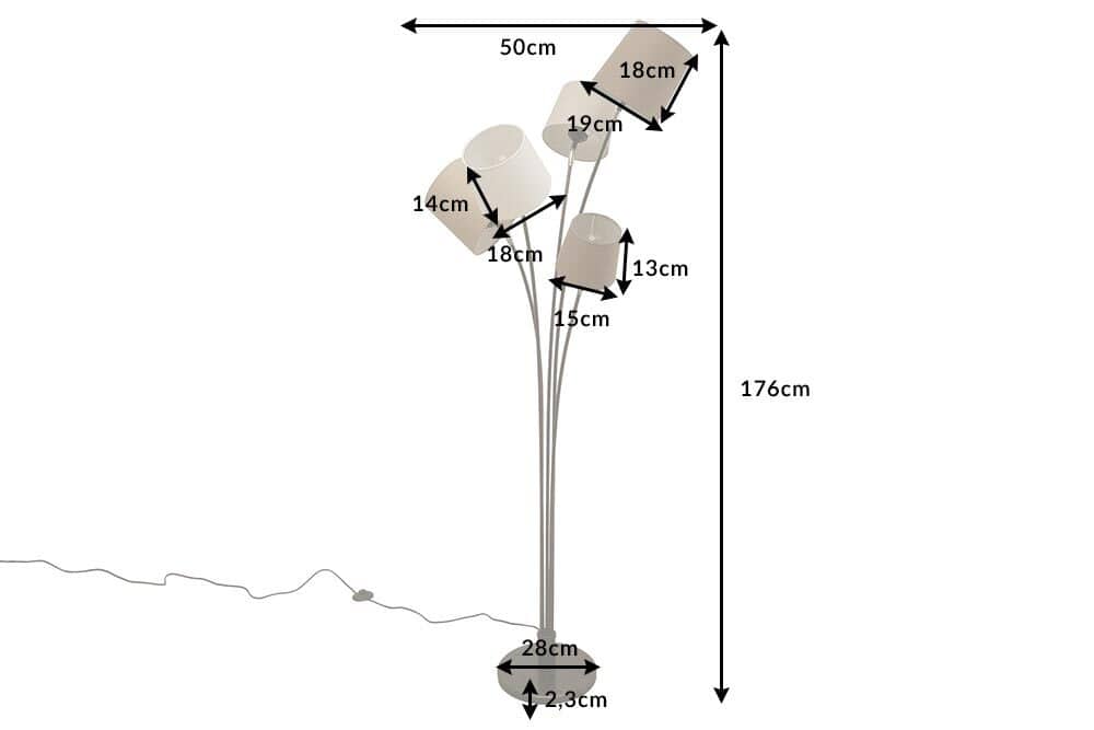 Design Stehlampe LEVELS 176cm weiß beige braun mit 5 Leinenschirmen