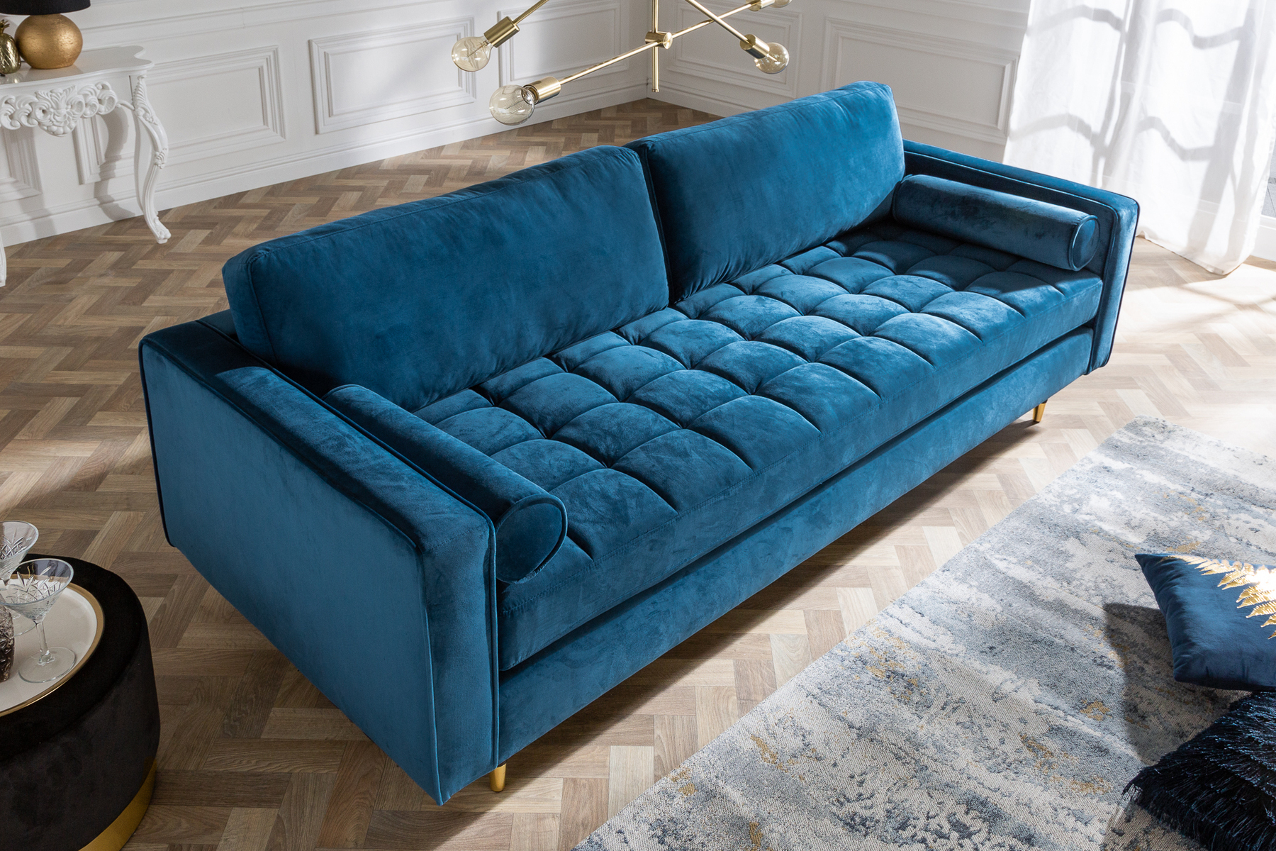 Design 3-Sitzer Sofa COZY VELVET 220cm petrol blau Samt Federkern Lounge