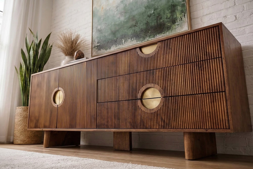 Massives Sideboard MADISON 180cm braun Mangoholz mit Schubladen und strukturierter Front