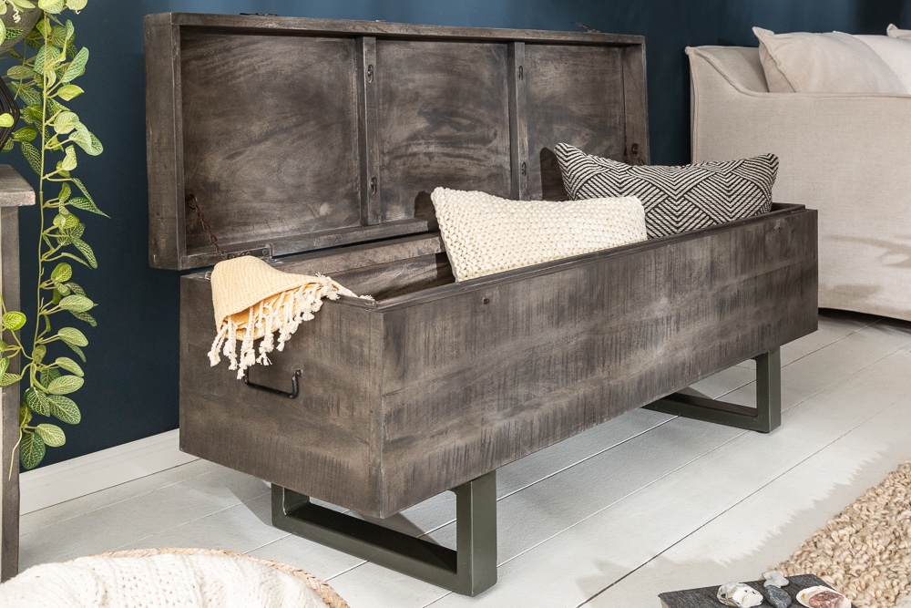 Industrial Truhenbank FACTORY LOFT 115cm Mangoholz grau Sitzbank