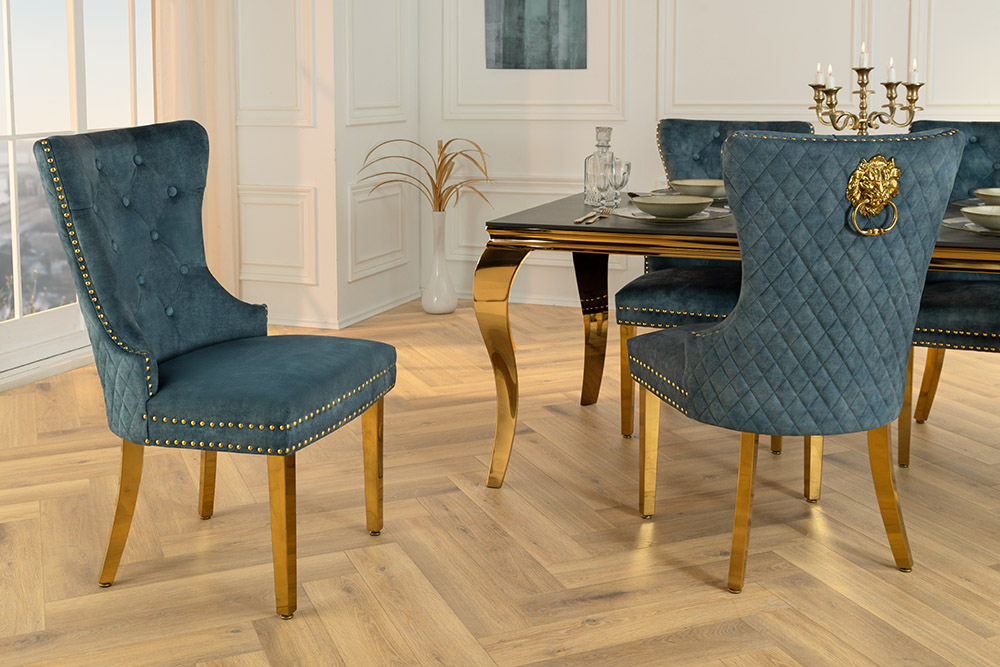 Barock Stuhl CASTLE DELUXE petrol Samt gold Edelstahl mit Löwenkopf Ziernieten