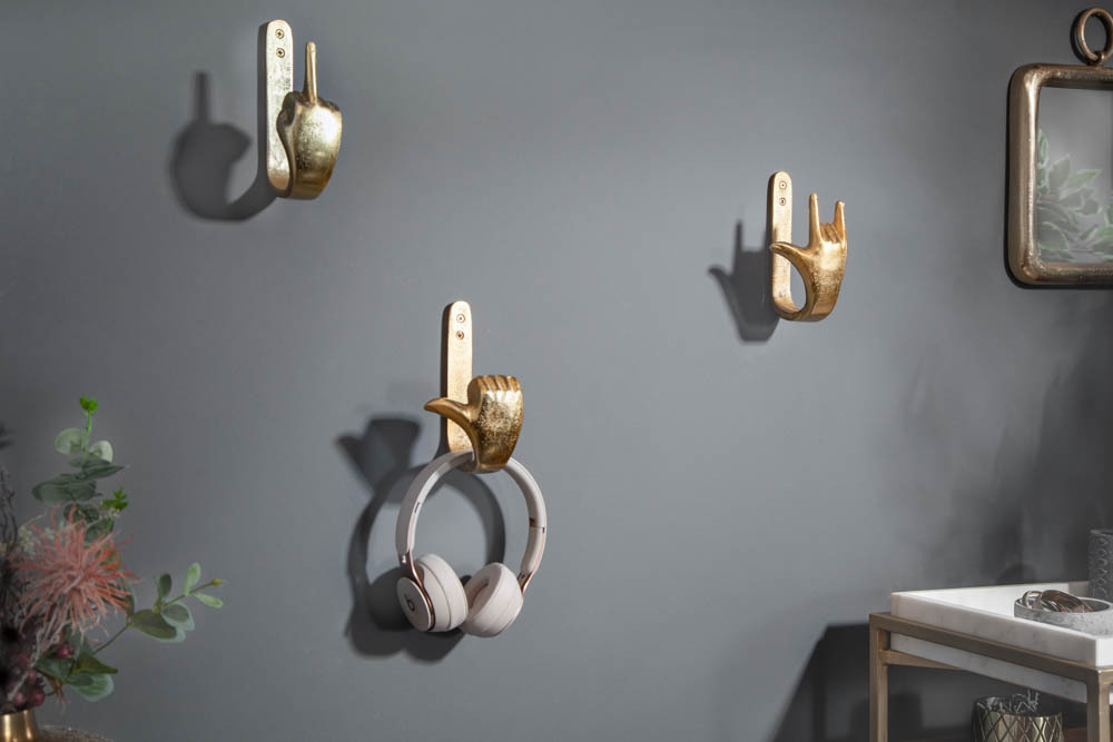 Extravagante Kleiderhaken FINGERS gold Metall-Aluminium 3er Set Wandgarderobe