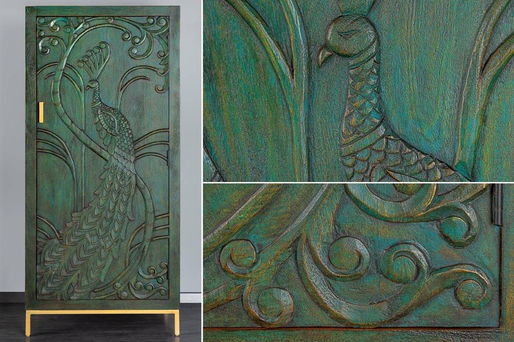 Massives Highboard PEACOCK 170cm grün Mangoholz antik 3D Schnitzerei Pfau-Design