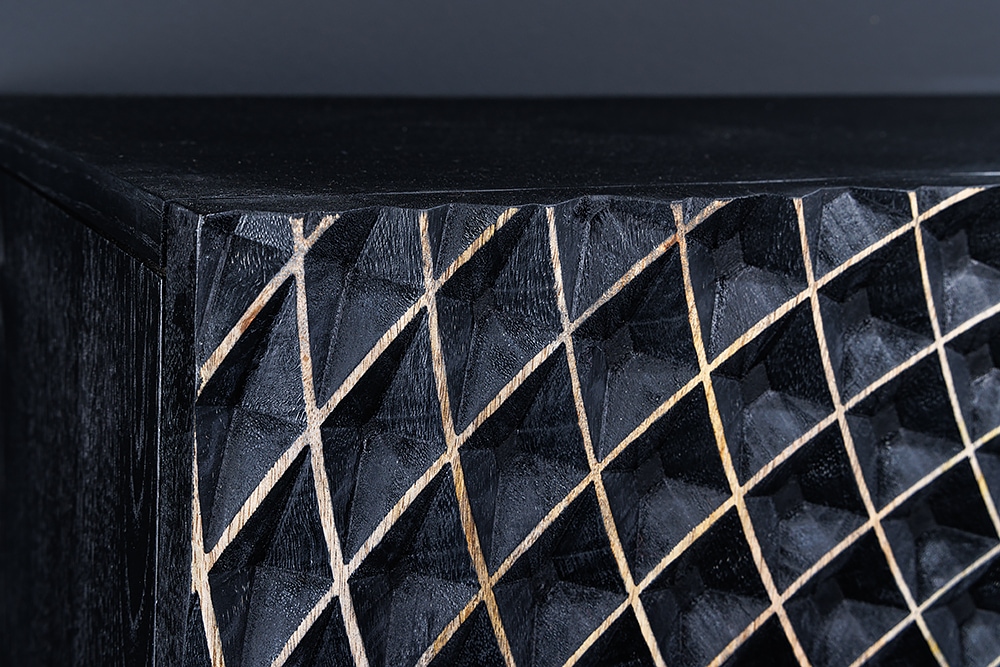 Design Sideboard ILLUSION 180cm schwarz Mangoholz Massivholz mit 3D Schnitzereien gold Eisen Metallgestell