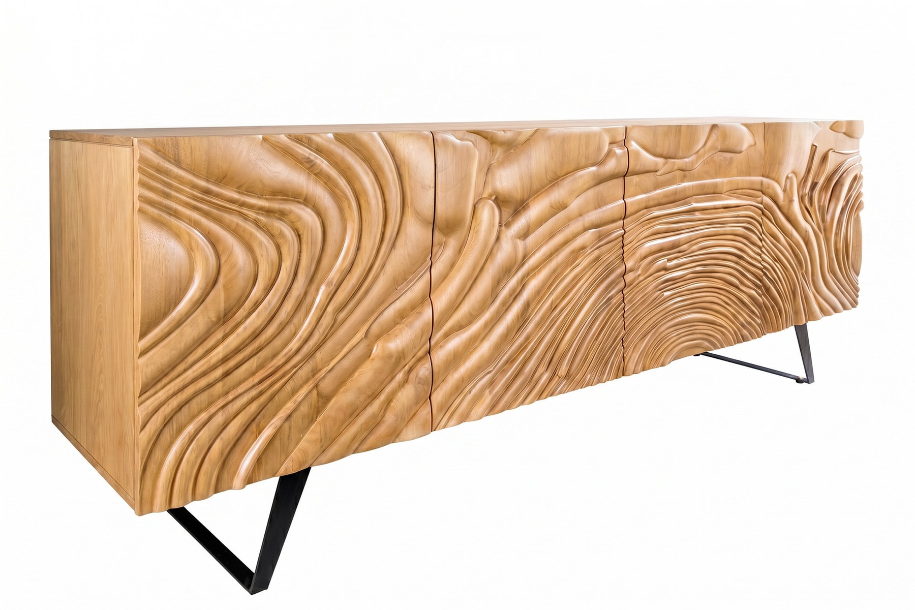 Massives Sideboard FLUID 175cm creme Mangoholz 3D-Design Kufengestell