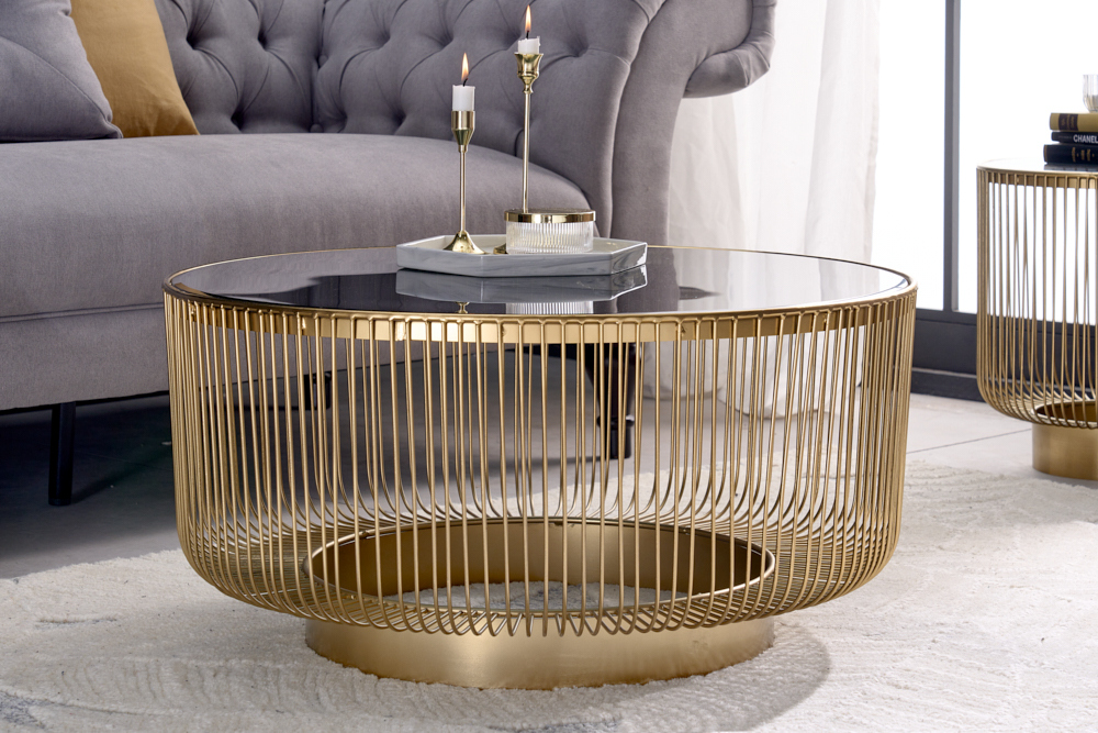 Runder Couchtisch VARIATION 80cm gold Metallgestell Schwarzglas Handarbeit