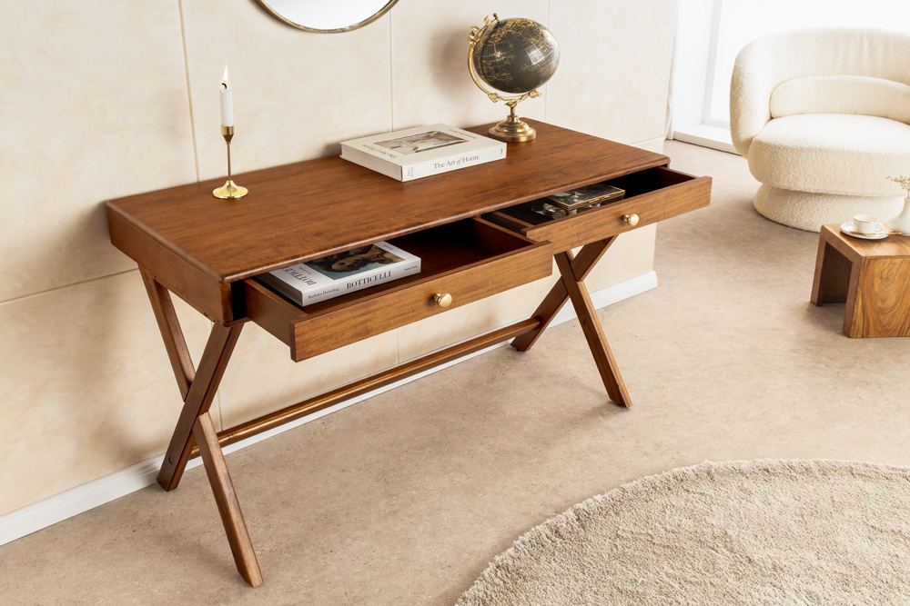 Stilvoller Konsolentisch SECRETARIO 110cm braun Akazie gold mit Schubladen