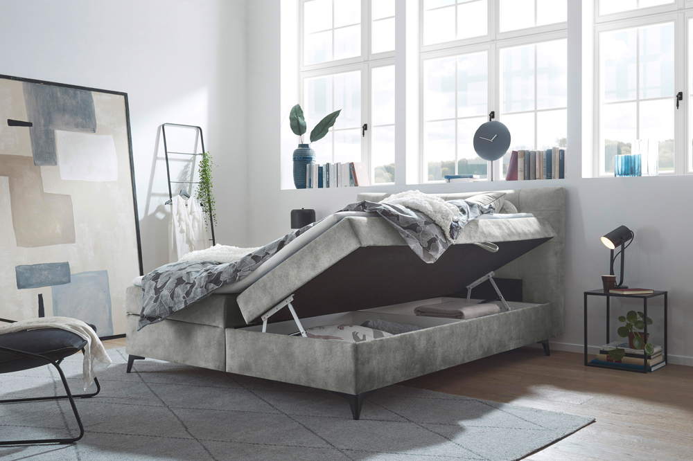 Design Boxbett DECADENCIA 180x200cm silbergrau Samt mit Stauraum Matratze Topper