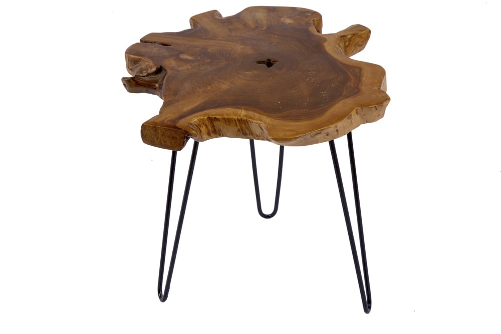 Einzigartiger Beistelltisch WILD 50cm Teak Massivholz Baumscheibe Metallbeine schwarz