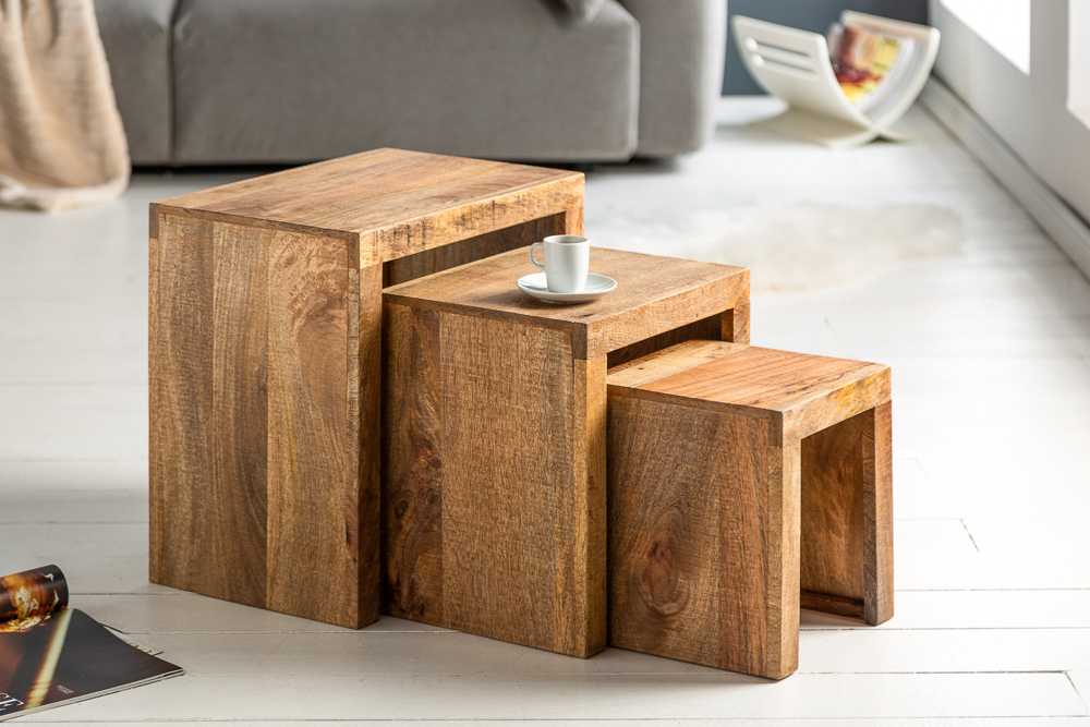 Massives 3er-Set Beistelltische MAKASSAR 45cm Mango natur Massivholz