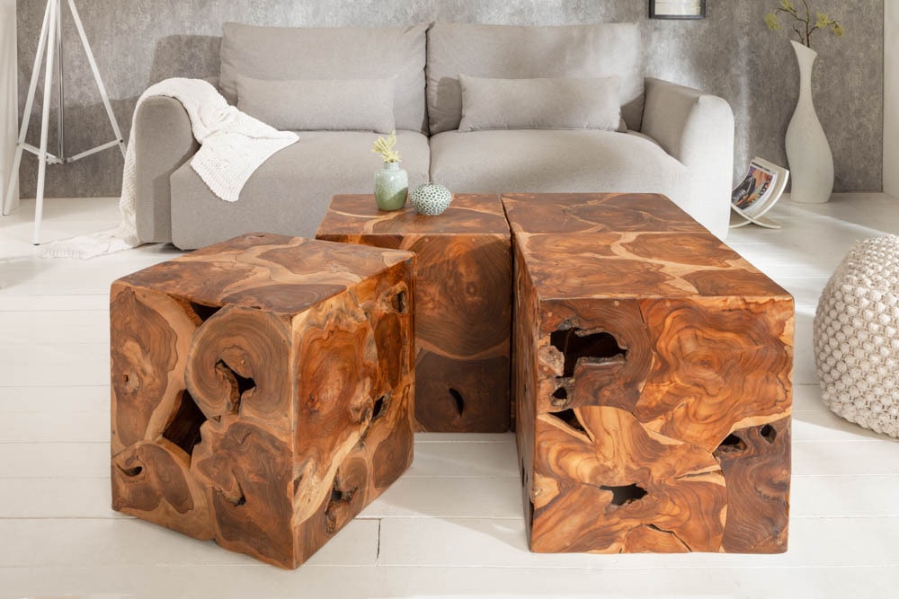 Massiver Beistelltisch SQUARE 40cm Teakholz Würfel Sitzhocker