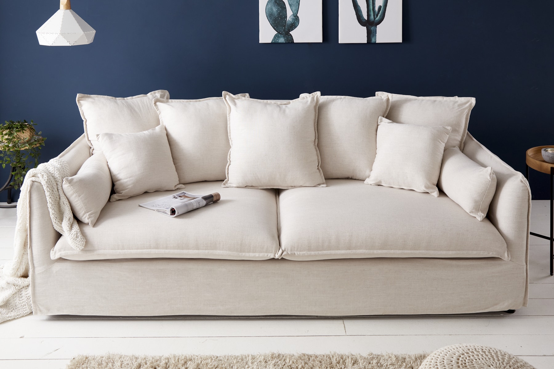 Großes 3-Sitzer Sofa HEAVEN 200cm natur beige Leinenstoff Federkern Hussensofa