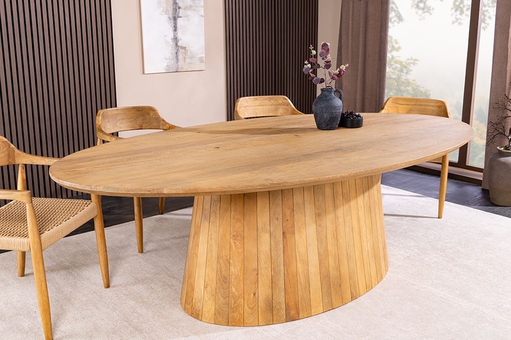 Ovaler Esstisch ART DECO 220cm beige massives Mangoholz cream finish mit Säulenfuß