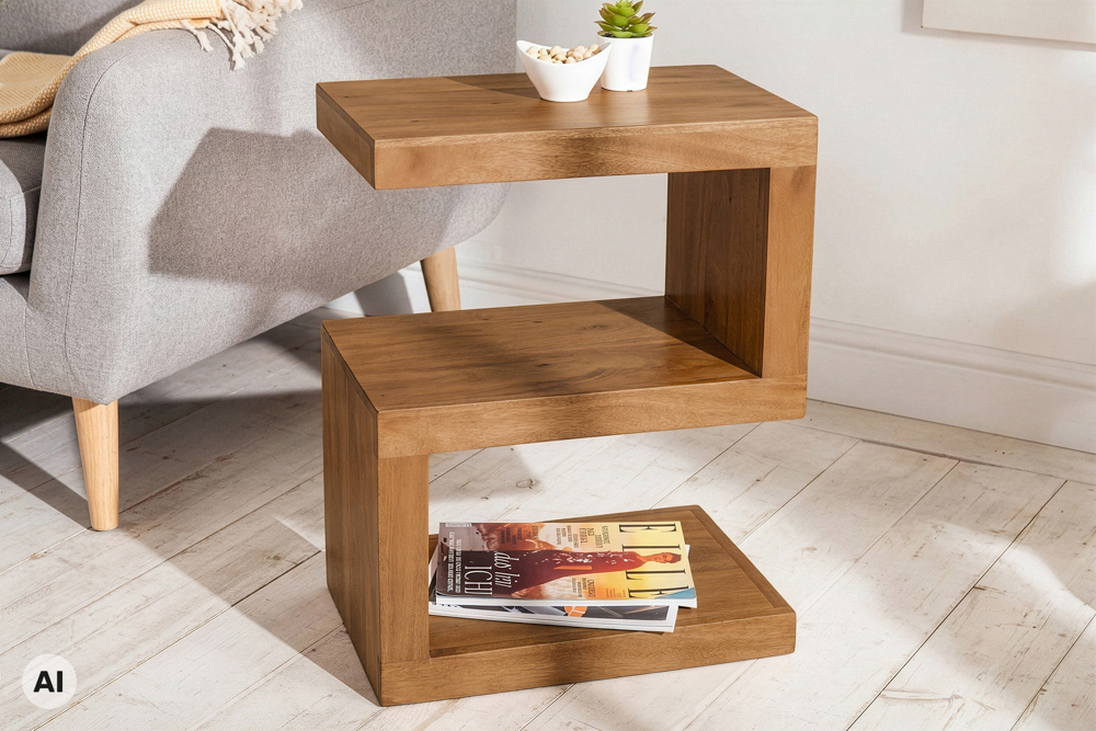Handgearbeiteter Beistelltisch S 60cm braun honey finish Mangoholz mit Ablage variabel stellbar