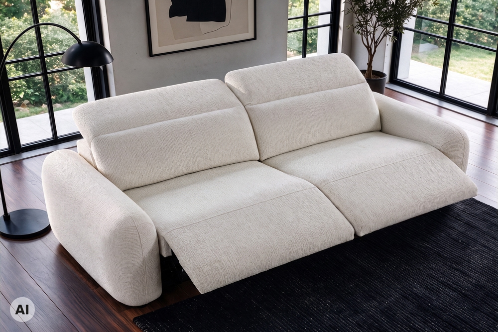3er Sofa MILANO 220cm beige Bouclé Tweed Soft elektrisch verstellbare Fuß und Kopfstütze