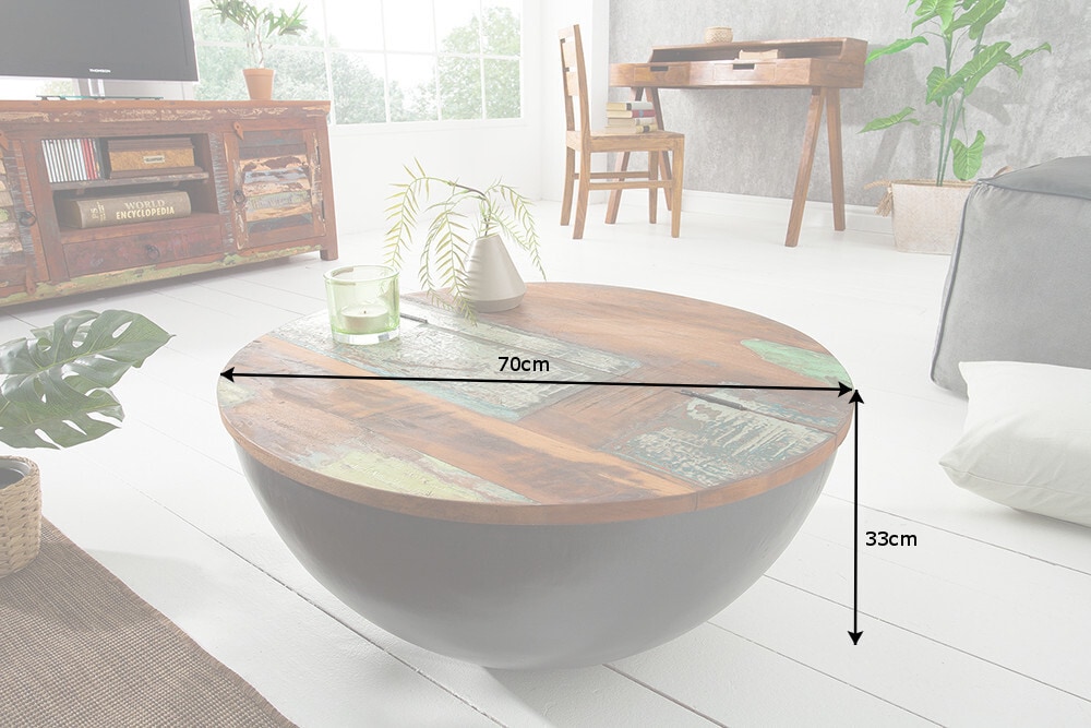 Massivholz Couchtisch JAKARTA 70cm grau rund aus recycelten Fischerbooten