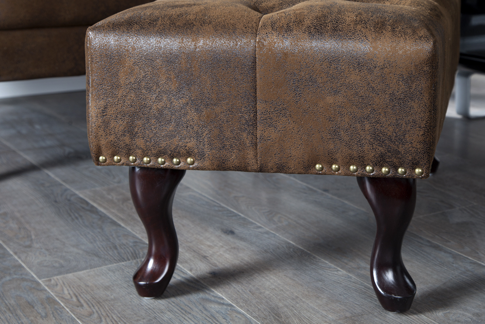 Chesterfield Fußhocker 80cm antik braun mit Knopfheftung und Nietenbesatz