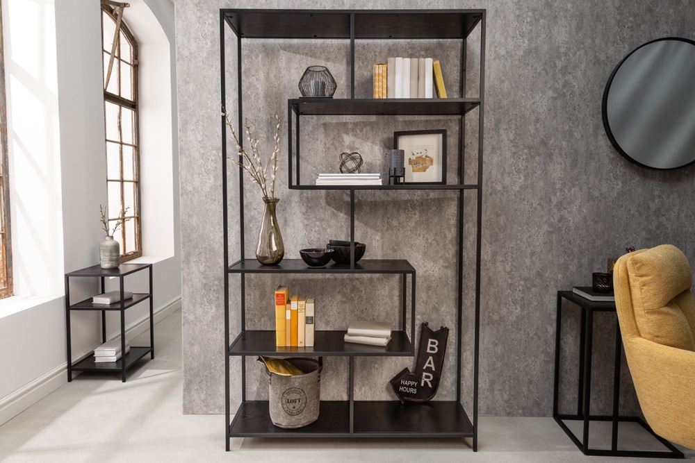 Industrial Bücherregal SLIM LINE 185x114cm Esche schwarz sechs Regalböden