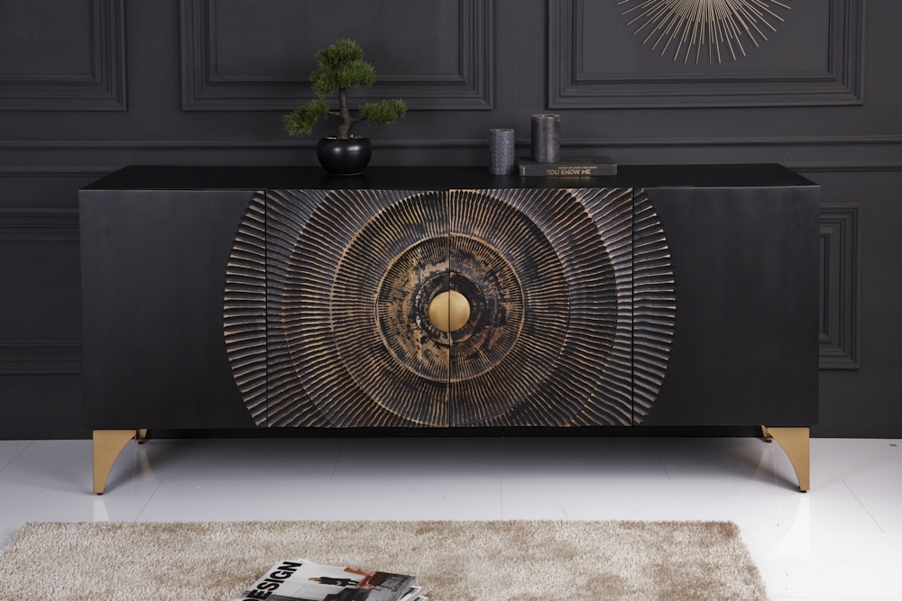 Handgearbeitetes Sideboard GOLDEN SUNSET 180cm schwarz mit 3D Schnitzereien gold Mangoholz Metallbeine