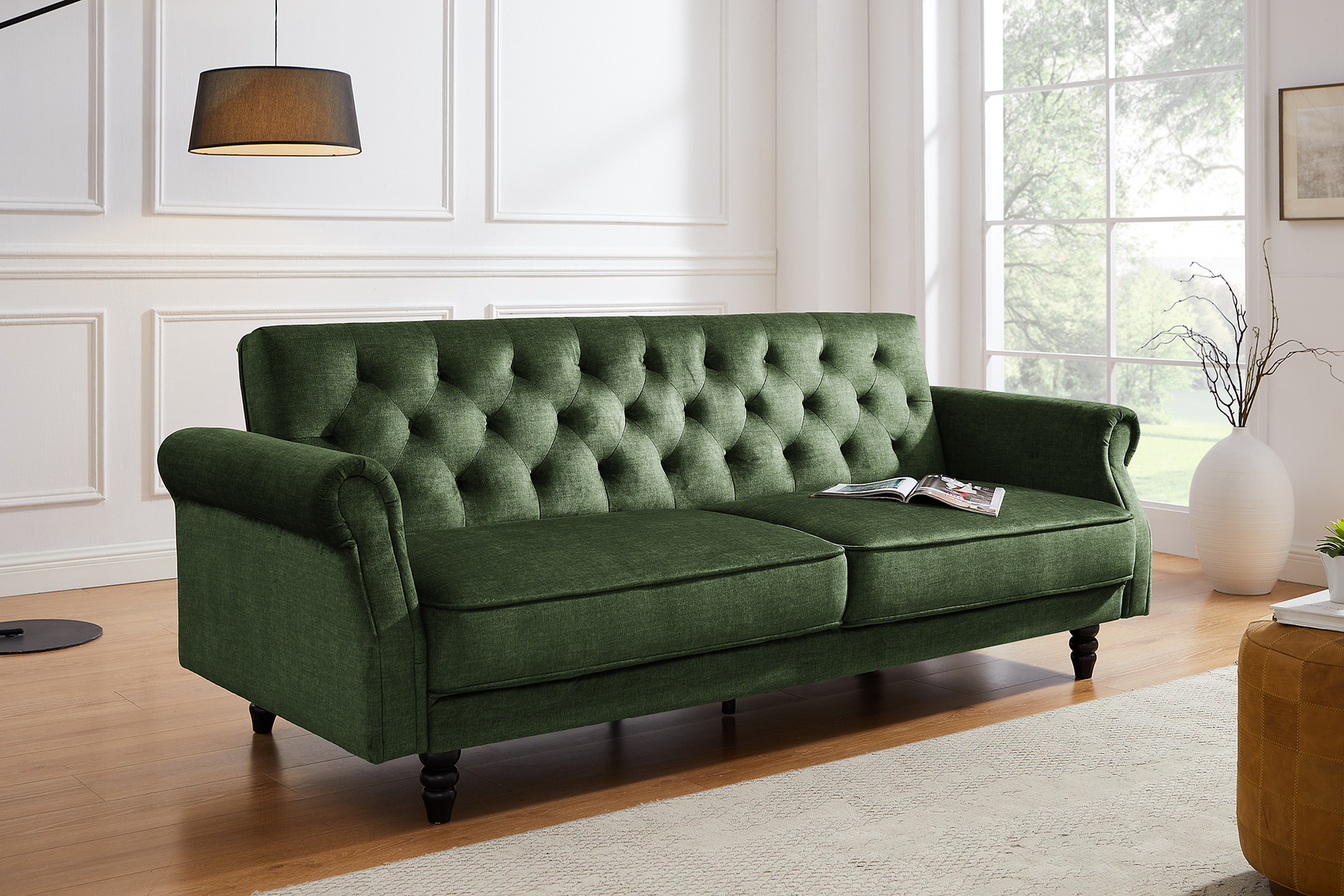 Schlafsofa MAISON BELLE AFFAIRE 220cm moosgrün Vogue Seiden Samtstoff 3-Sitzer