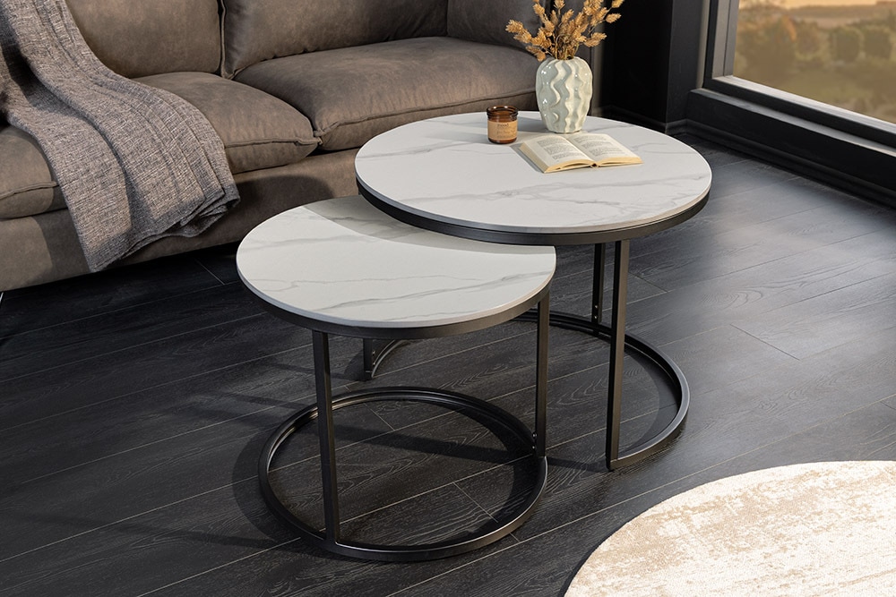 Rundes 2er Set Couchtische ELEGANCE 75cm weiß Keramik schwarz Metall