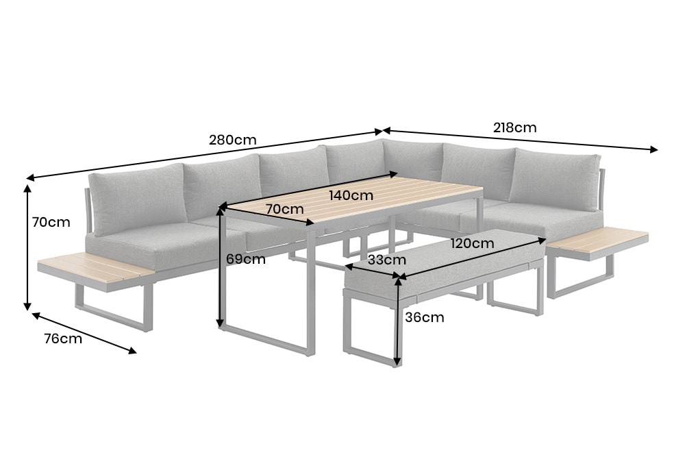 Wetterfestes Gartenmöbel Set IBIZA GRAND 280cm anthrazit Aluminium mit Sitzpolster