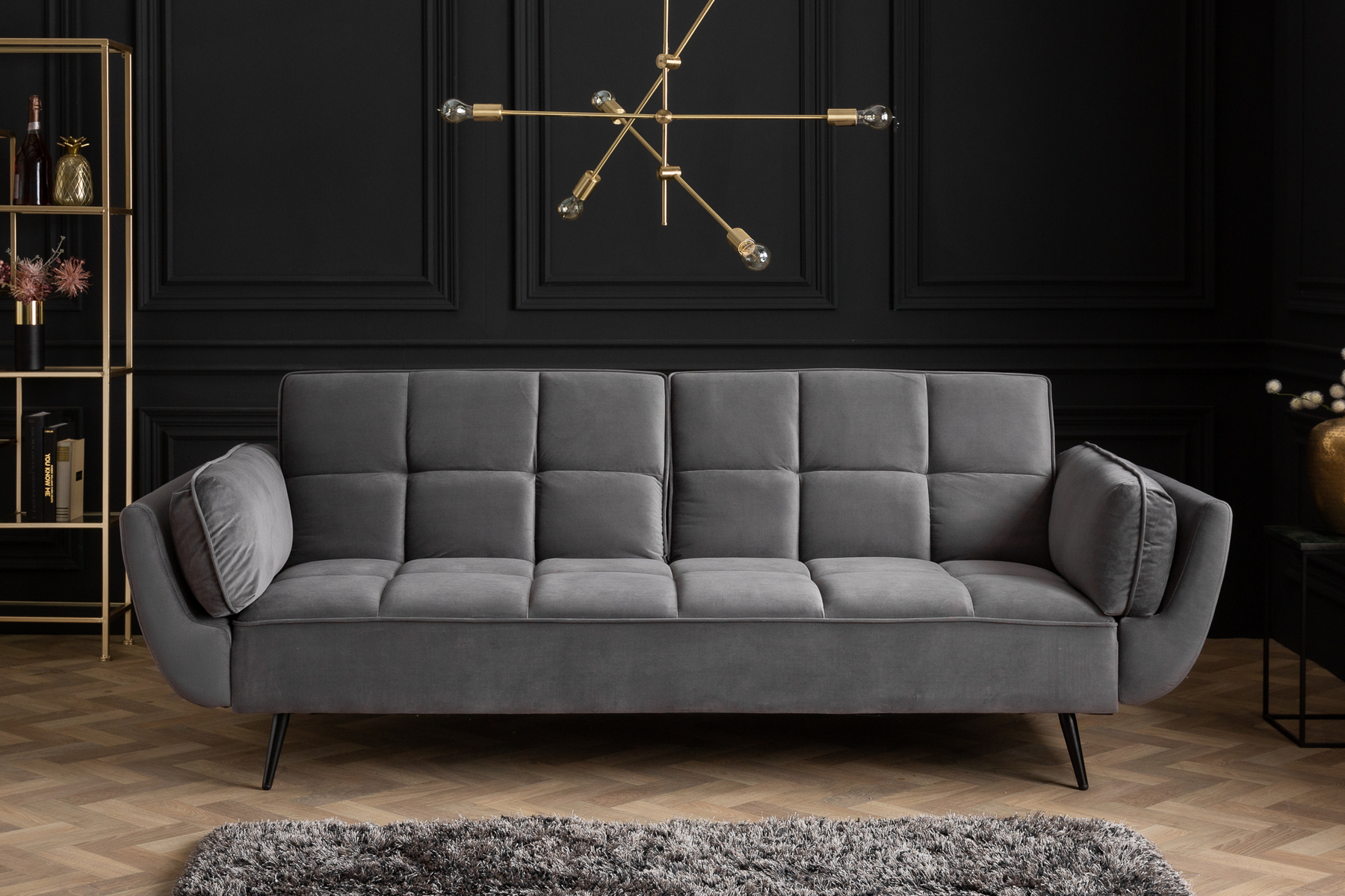 Retro Schlafsofa BOUTIQUE 215cm grau Samt 3-Sitzer mit schwarzen Füßen