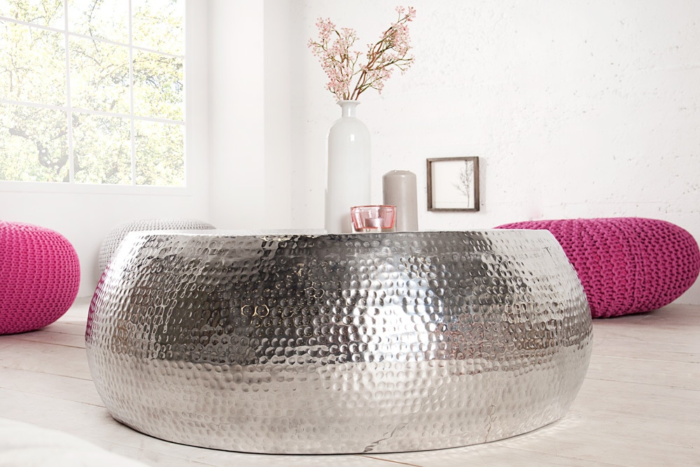Runder Couchtisch ORIENT 80cm silber Metall Aluminium Hammerschlag Design handmade