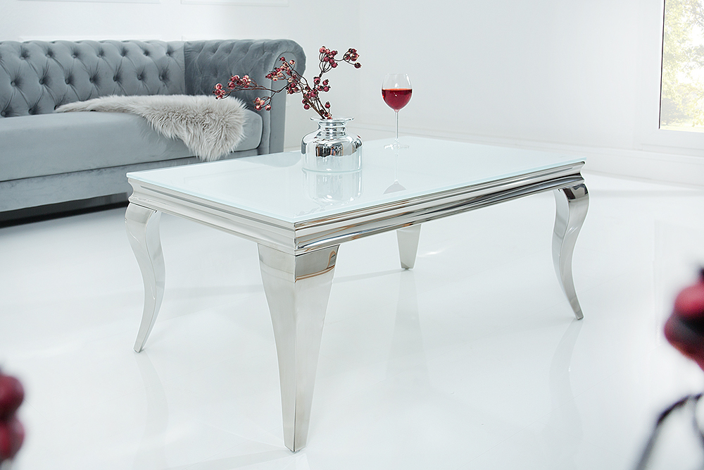 Eleganter Couchtisch MODERN BAROCK 100cm silber mit weißem Opalglas