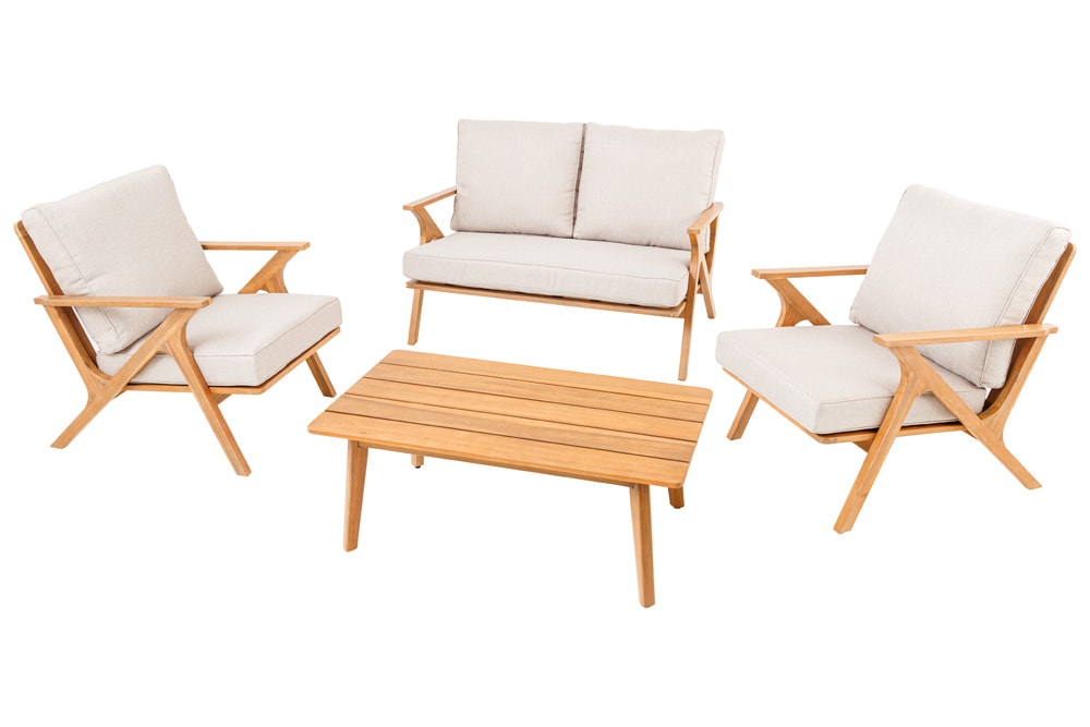 Wetterfestes Gartenlounge-Set COMFORT LINE natur beige Akazie 4-teilig inkl. Tisch