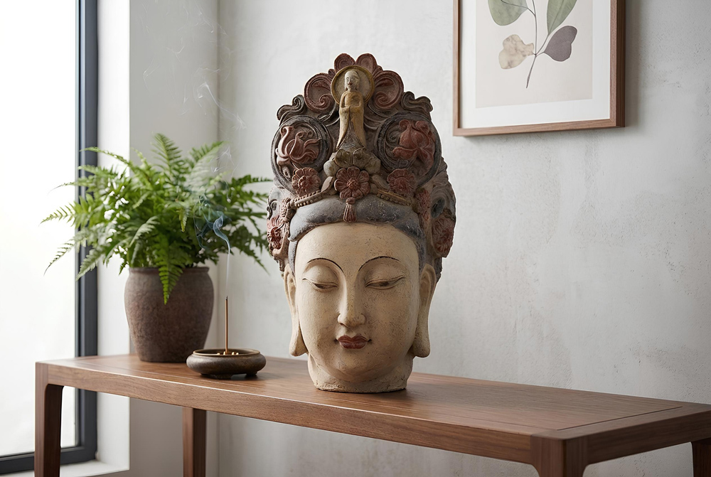 Figur BUDDHA HEAD 45cm mehrfarbig handmade Deko-Kopf Blumengöttin