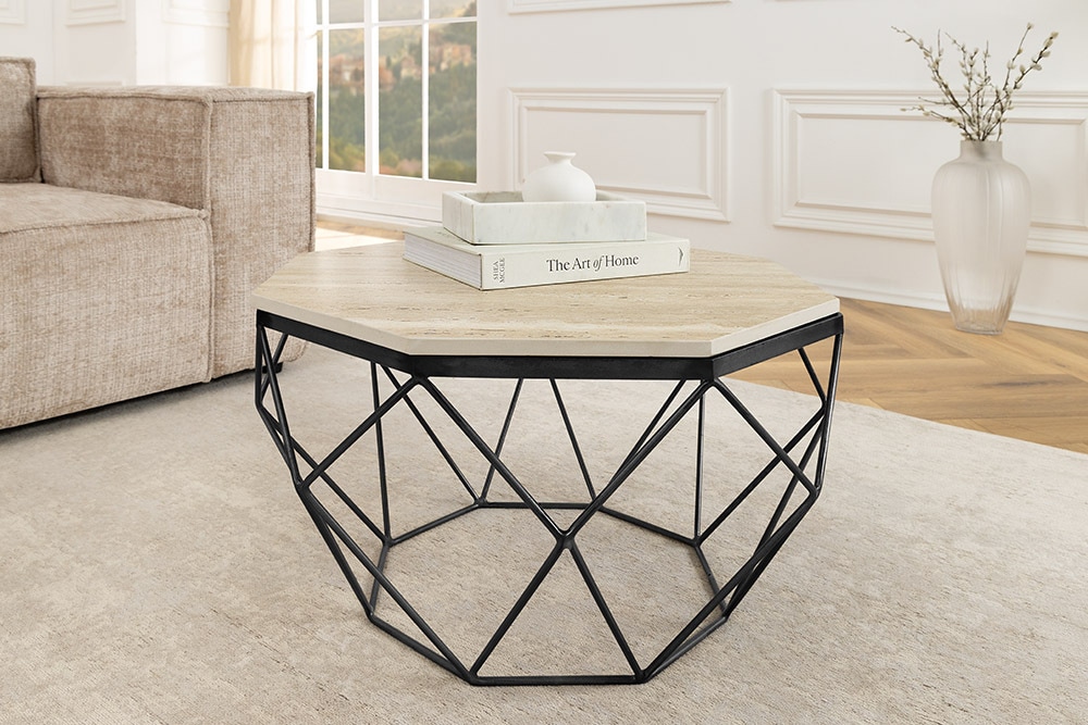 Handgefertigter Couchtisch DIAMOND 70cm beige Travertin schwarz Eisen