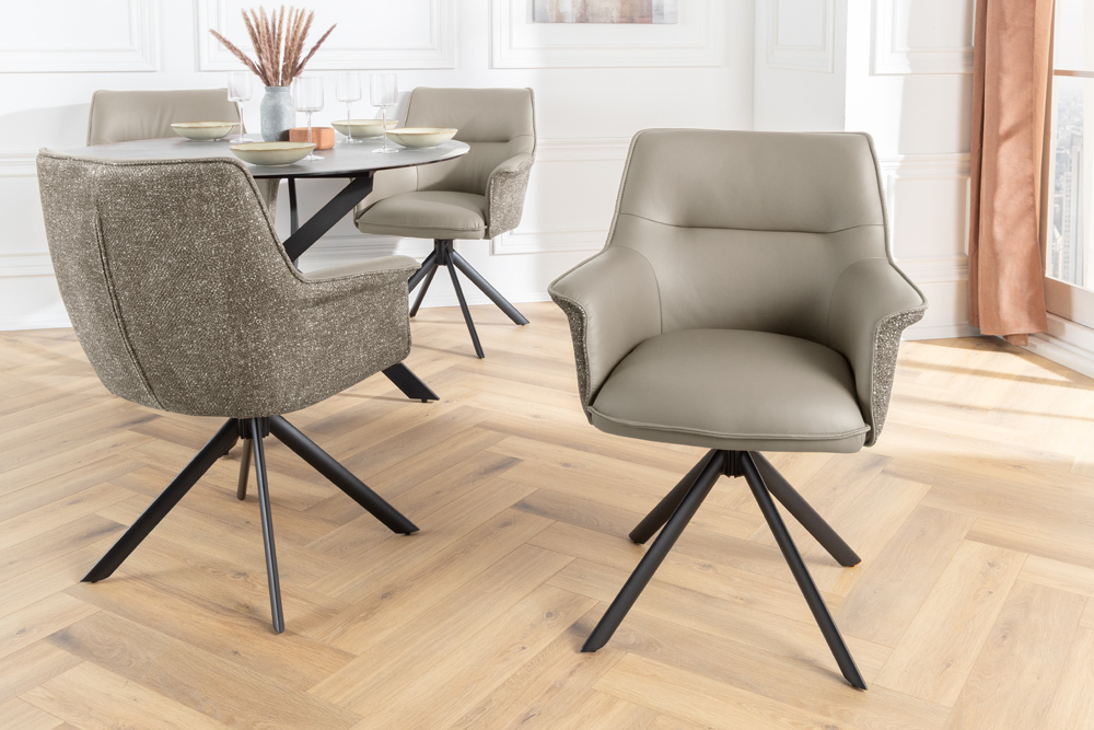 Drehbarer Stuhl LE GRAND taupe Echtleder Strukturstoff schwarzes Metallgestell