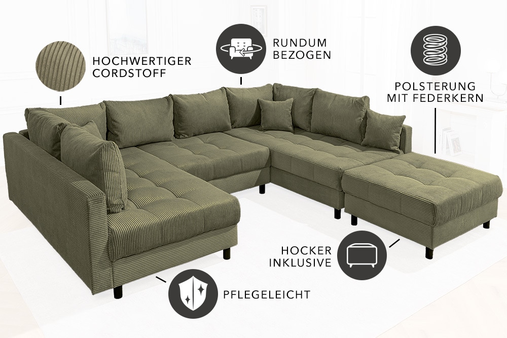 Moderne XXL Wohnlandschaft KENT 305cm grün Cord Bigsofa inkl. Hocker Federkern