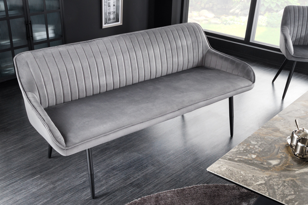 Design Sitzbank TURIN 160cm silbergrau Samt schwarz Metall Armlehne