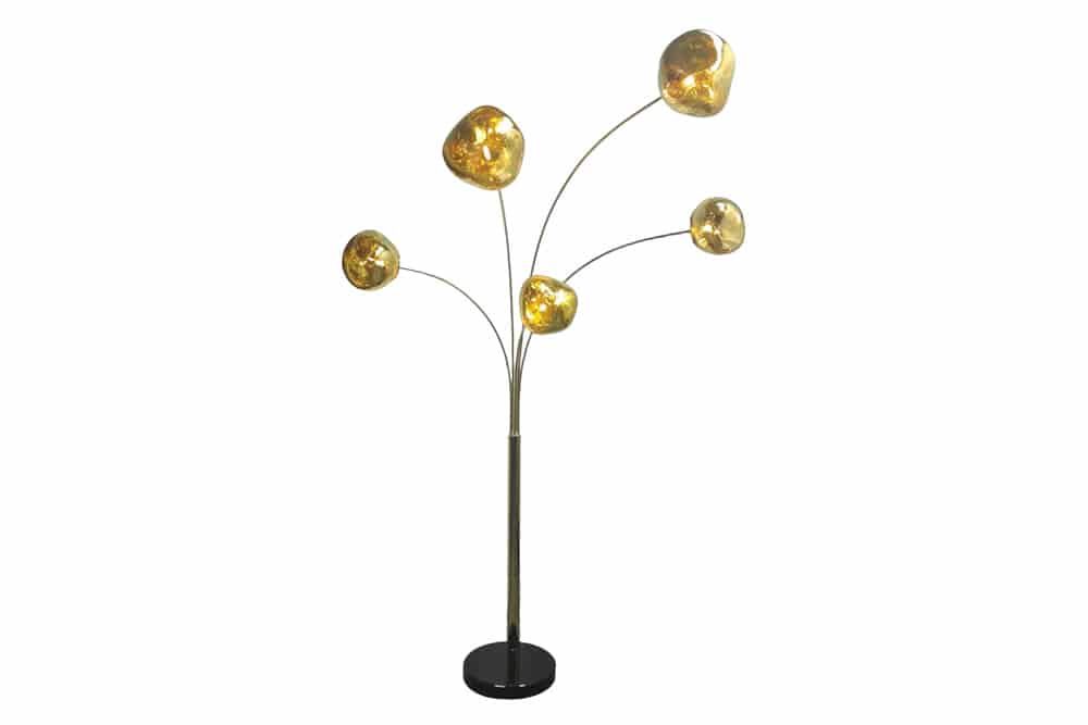 Design Stehlampe LIQUID DIAMOND 200cm gold fünf Glasschirme mit Marmorfuß