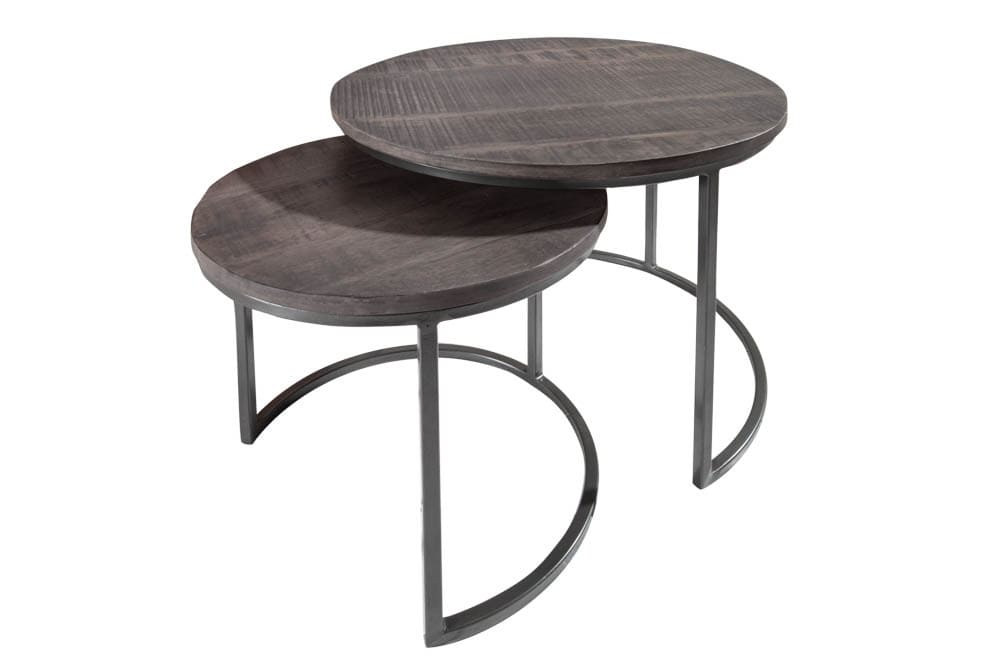 Industrial 2er Set Beistelltische ELEMENTS 60cm grau Mangoholz massiv rund schwarz Metall