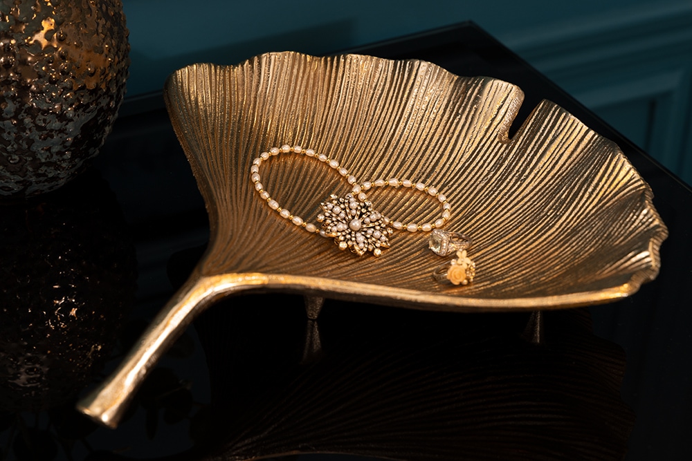 Dekorative Schale GINKGO 35cm gold handmade Metall